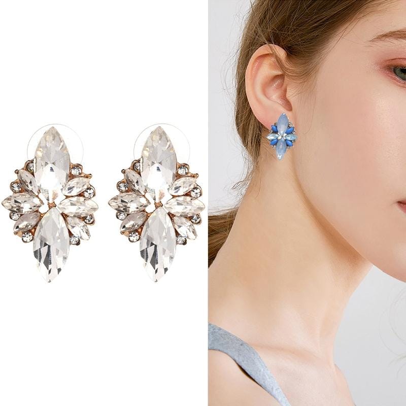 Five-leaf Petal Crystal Earrings Pink Diamond Earrings Simple Jewelry (white)
