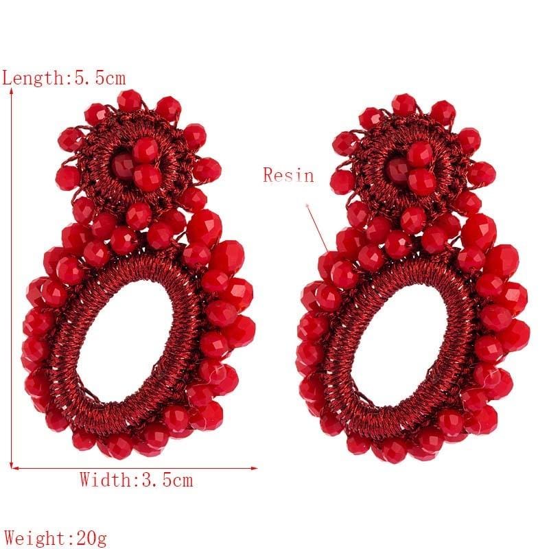Hand-woven Bohemian Womens Earrings Hollow Oval String Rice Bead Earrings (Red)