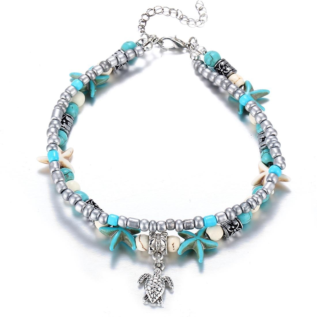 Vintage Shell Starfish Sea Beads Turquoise Beads Anklets Dual-Layer Anklet  Bracelets (Turtle and Starfish)