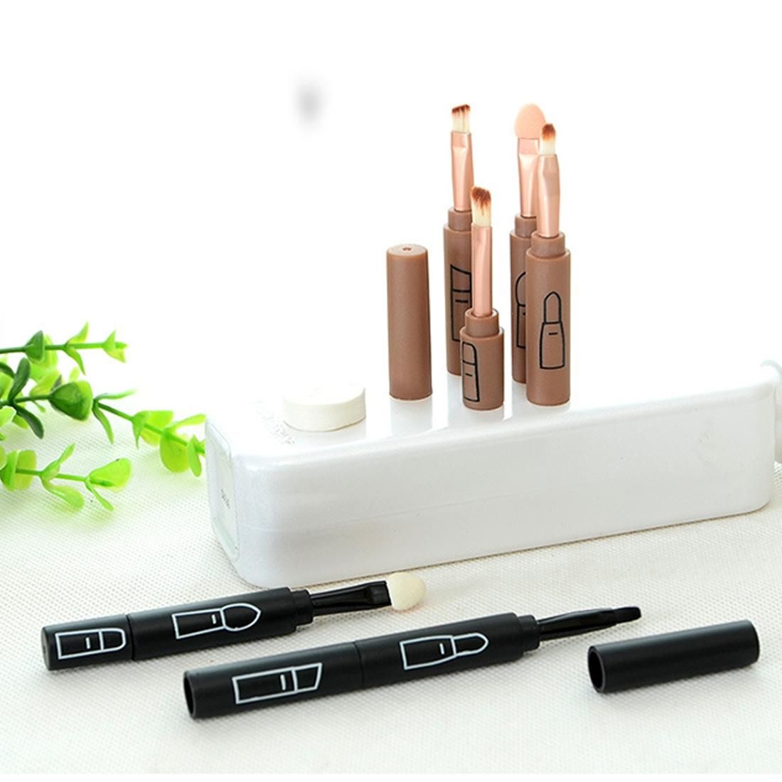 5564 4 in 1 Eyeshadow Eyebrow Brush Lip Brush Sponge Brush Pencil Portable Multifunction Makeup Brush Set (Black)