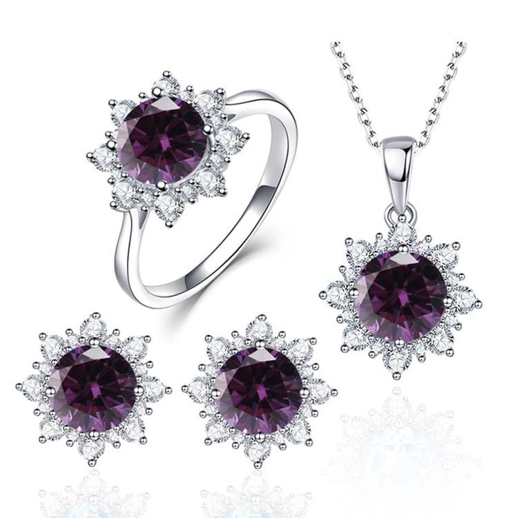 3 PCS/Set Snow Shape Gemstone Jewelry Set For Women, Ring Size:9 (Purple)