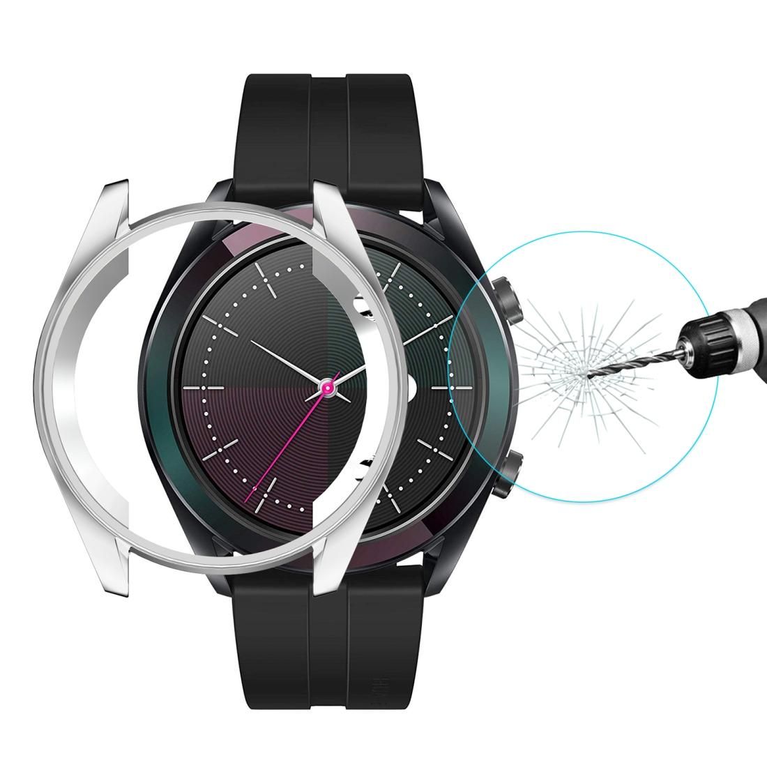 For HUAWEI Watch GT Elegant 42mm ENKAY Hat-prince 2 in 1 Full Coverage Electroplate TPU Case + 0.2mm 9H 2.15D Curved Edge Tempered Glass Film (Silver)