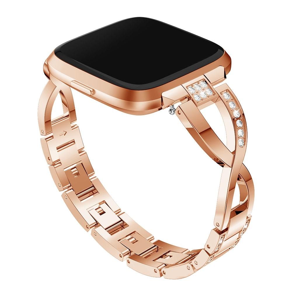 X-shaped Diamond-studded Solid Stainless Steel Wrist Strap Watch Band for Fitbit Versa Lite (Rose Gold)