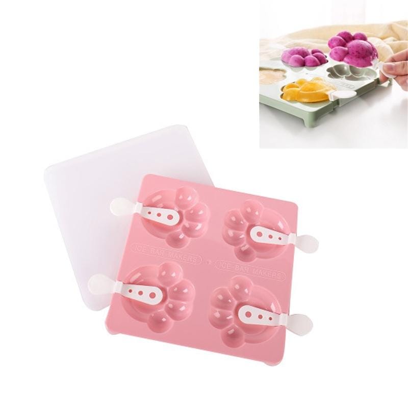 Household 4 Grid Ice Maker Popsicle Ice Cream Mold with Stick & Lid, Style:Bear Paw (Pink)