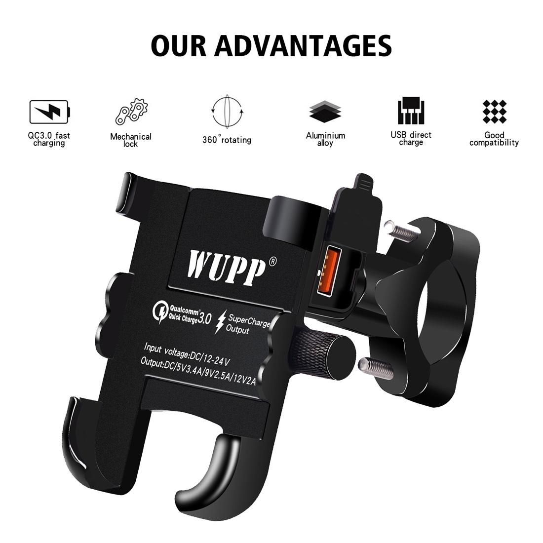 WUPP Motorcycle Waterproof QC 3.0 USB Port Fast Charger Adapter Aluminum Alloy Handlebar Mount with Switch (Black)