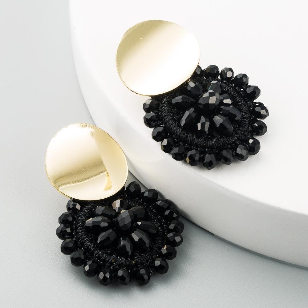 Women Fashion Handmade Beaded Boho Flower Earrings (Black)