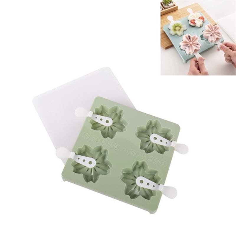 Household 4 Grid Ice Maker Popsicle Ice Cream Mold with Stick & Lid, Style:Cherry Blossoms (Green)