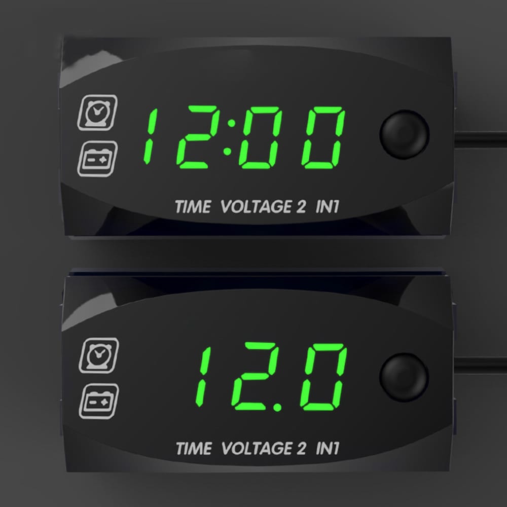 Motorcycle DC 9V-24V 2 In 1 Digital Time Clock Voltage - Green light
