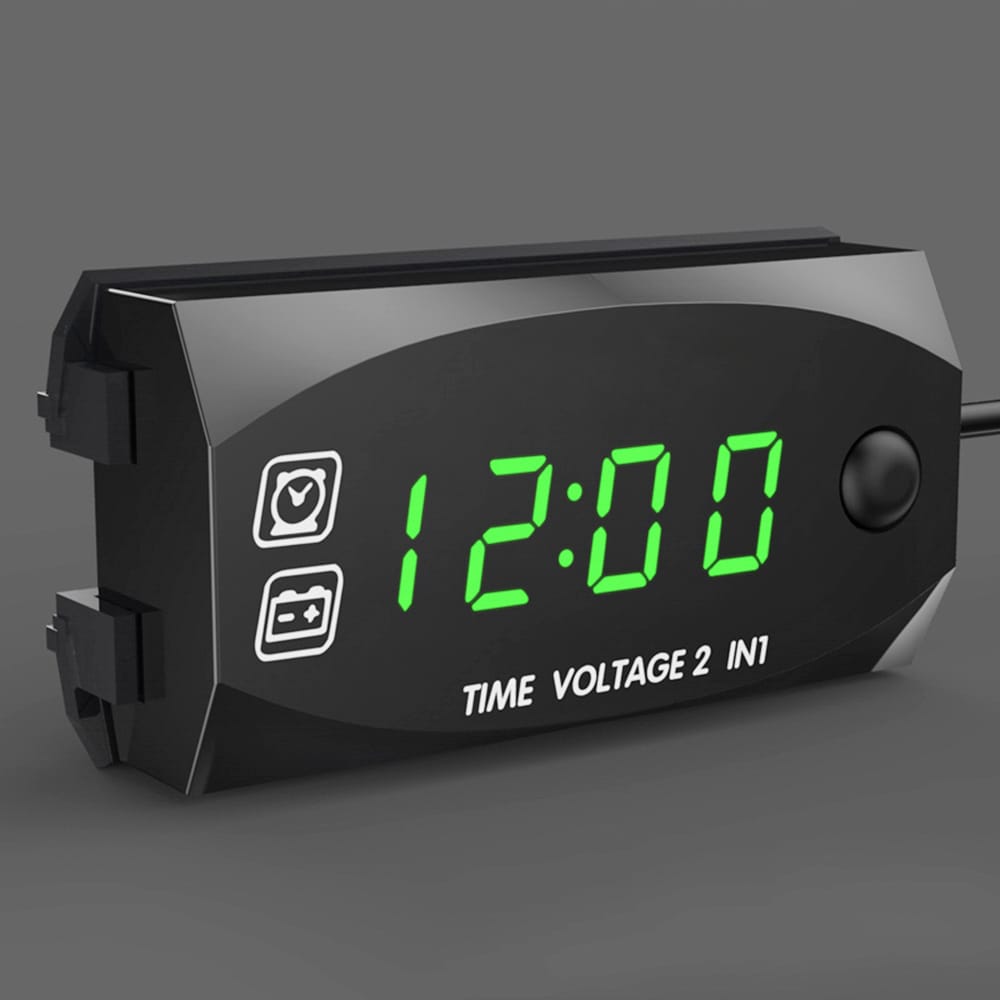 Motorcycle DC 9V-24V 2 In 1 Digital Time Clock Voltage - Green light