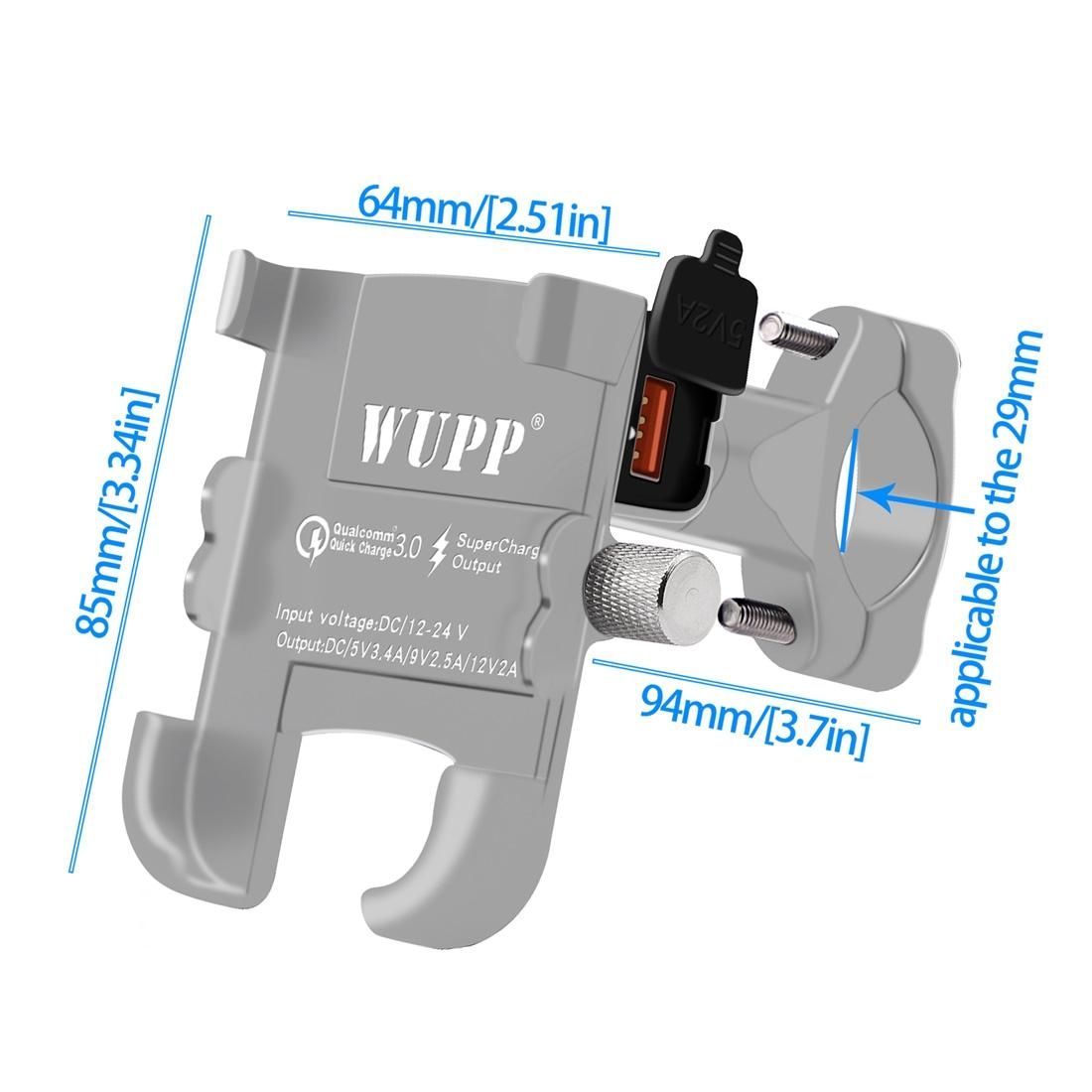WUPP Motorcycle Waterproof QC 3.0 USB Port Fast Charger Adapter Aluminum Alloy Handlebar Mount with Switch (Silver)
