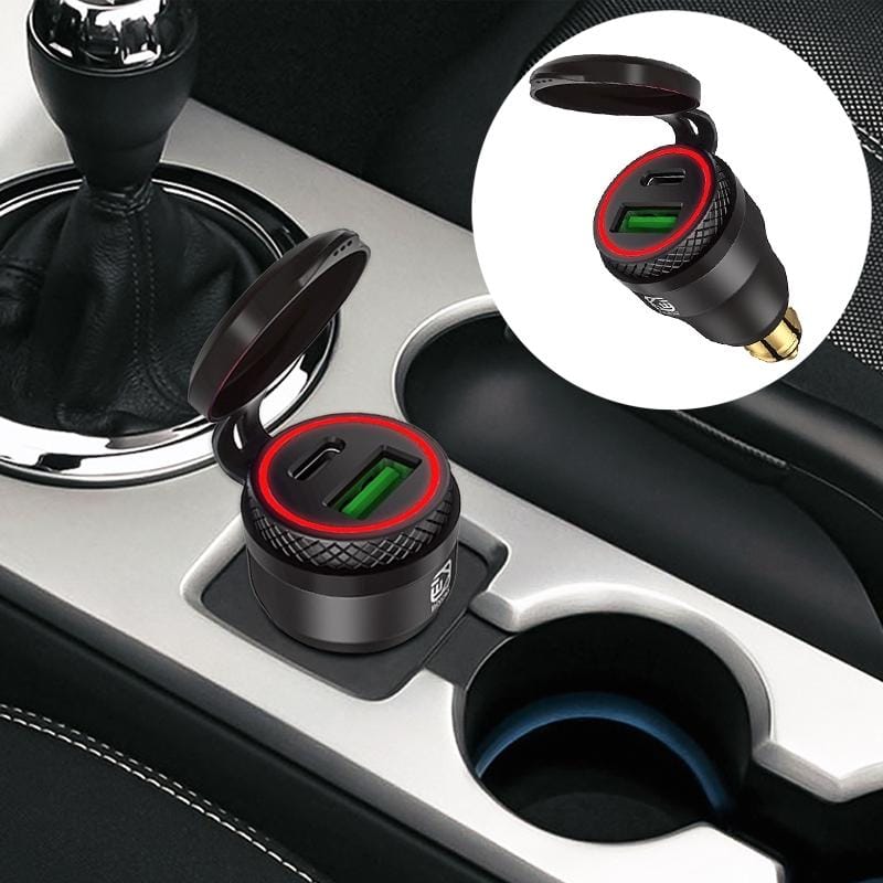 Motorcycle European-style Small-caliber Aluminum Alloy QC 3.0 + PD Fast Charge USB Charger, Shell Color:Black (Red Light)