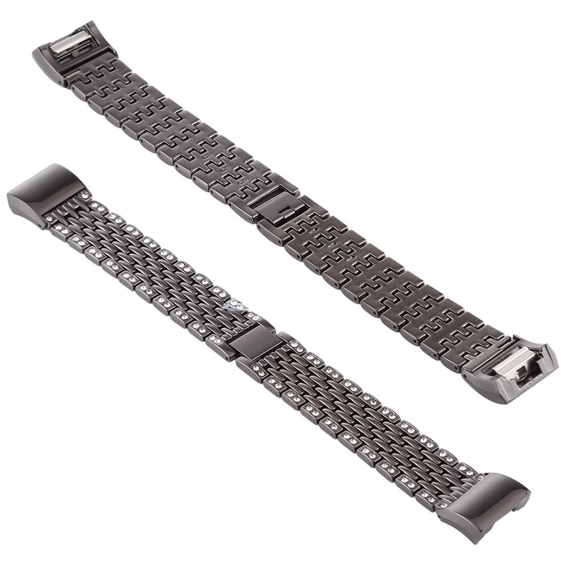 For Fitbit Charge 2 Diamond-studded Stainless Steel Replacement Wrist Strap Watchband (Black)