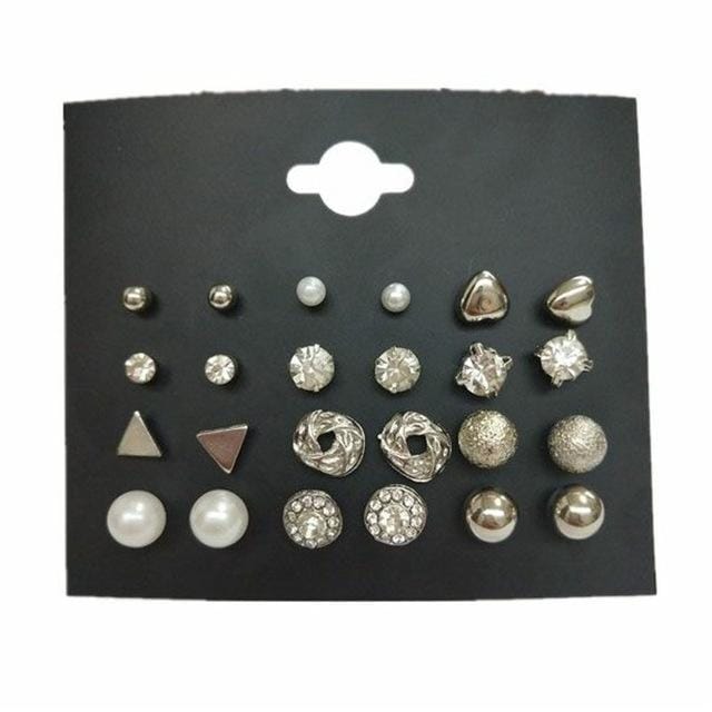 Square Crystal Stud Earrings Pearl Flower Earrings Set for Women (Black Card Silver Color)