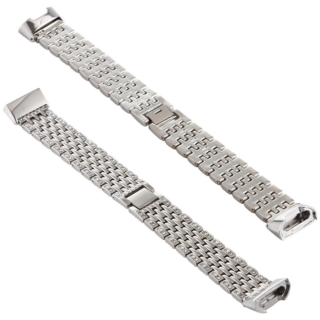 For Fitbit Charge 3 Diamond-studded Stainless Steel Replacement Wrist Strap Watchband (Silver)