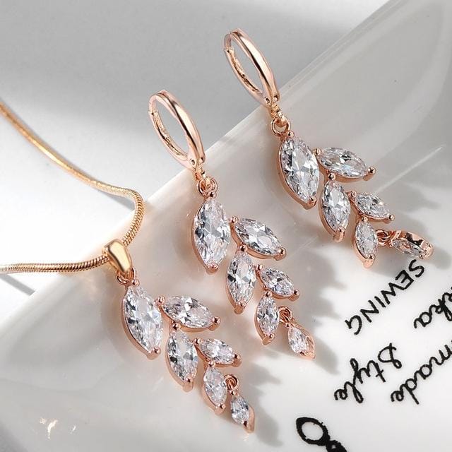 Woman Simple Trendy Zircon Wheat Necklace Earrings Bridal Jewelry Set (Rose Gold)