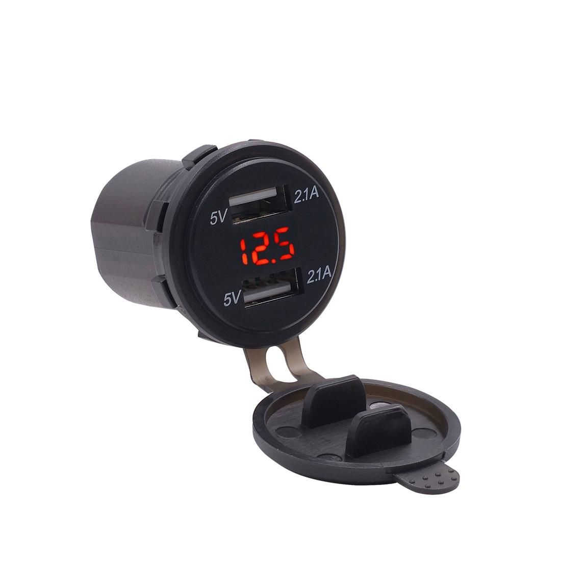 Motorcycle Waterproof 12-24V 2.1A Dual USB Charger Adapter + Voltmeter (Red Light)