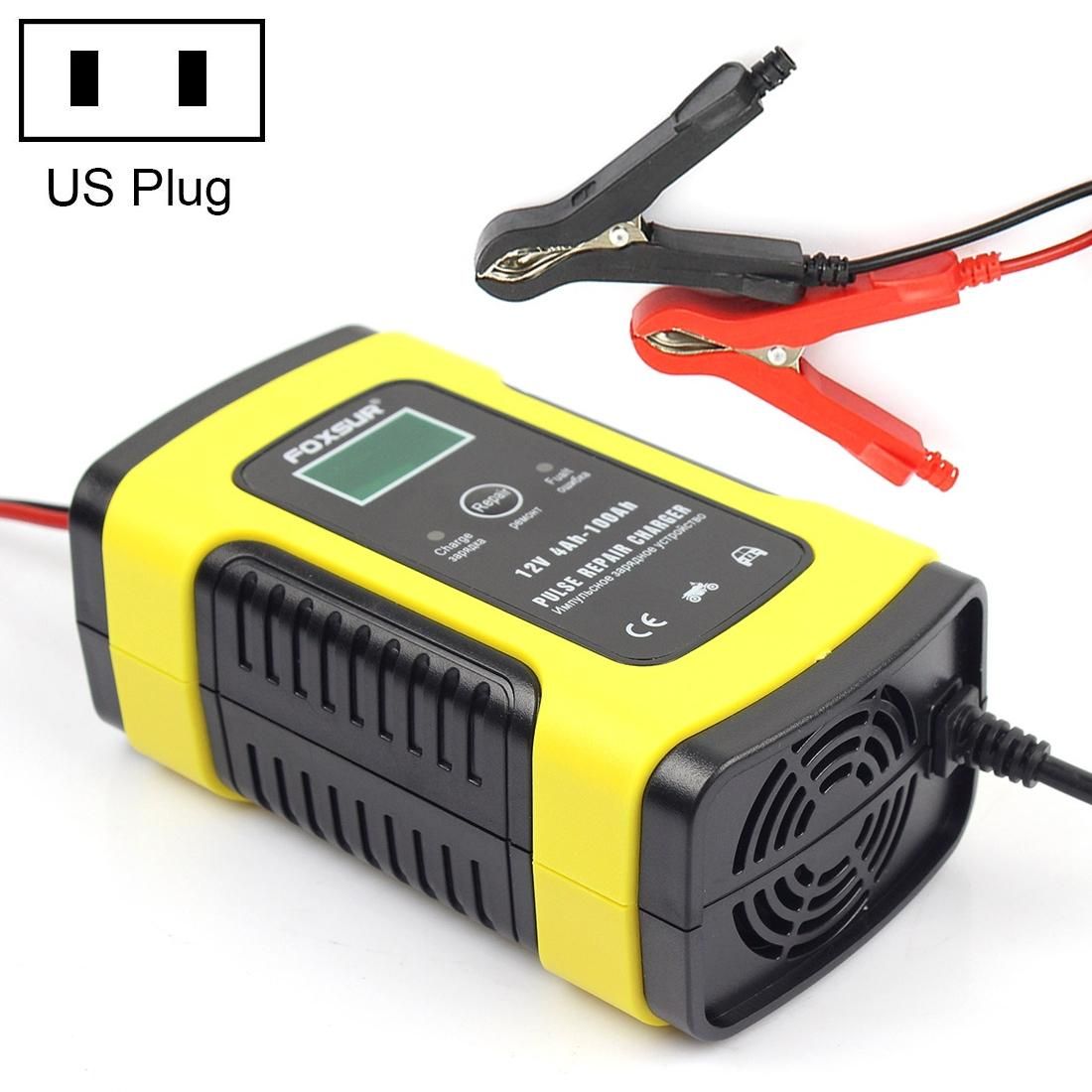 FOXSUR 12V 6A Intelligent Universal Battery Charger for Car Motorcycle, Length: 55cm, US Plug (Yellow)