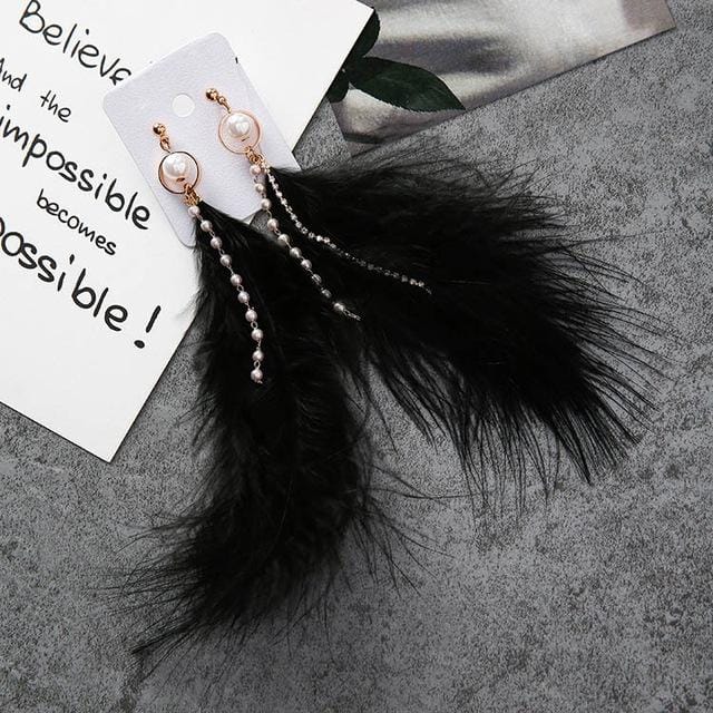 Fashion Sweet Feather Simulated Pearls Tassel Rhinestone Chains Long Dangle Earring for Women Jewelry (Black)