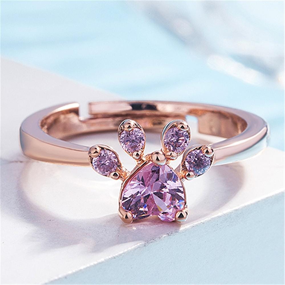 Women Crystal Cute Cat Claw Opening Adjustable Ring Jewelry (Pink diamond Rose gold)