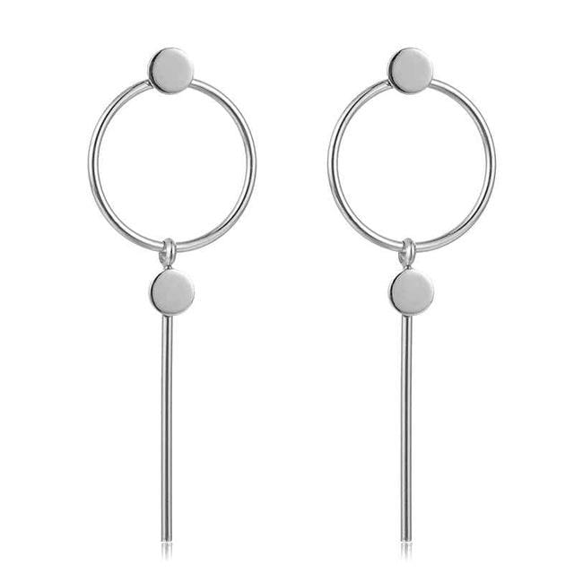 Simple Round Metal Long Tassel Female Earrings Jewelry Women Wedding Party Decor Stud Earrings (Silver)