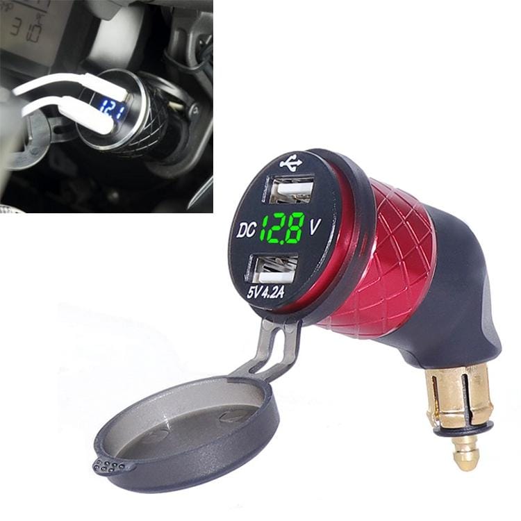German EU Plug Special Motorcycle Elbow Charger Dual USB Voltmeter 4.2A Charger, Shell Color:Red (Green Light)