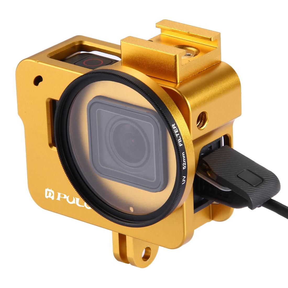 PULUZ Housing Shell CNC Aluminum Alloy Protective Cage with 52mm UV Lens for GoPro HERO /7 Black /6 /5 (Gold)
