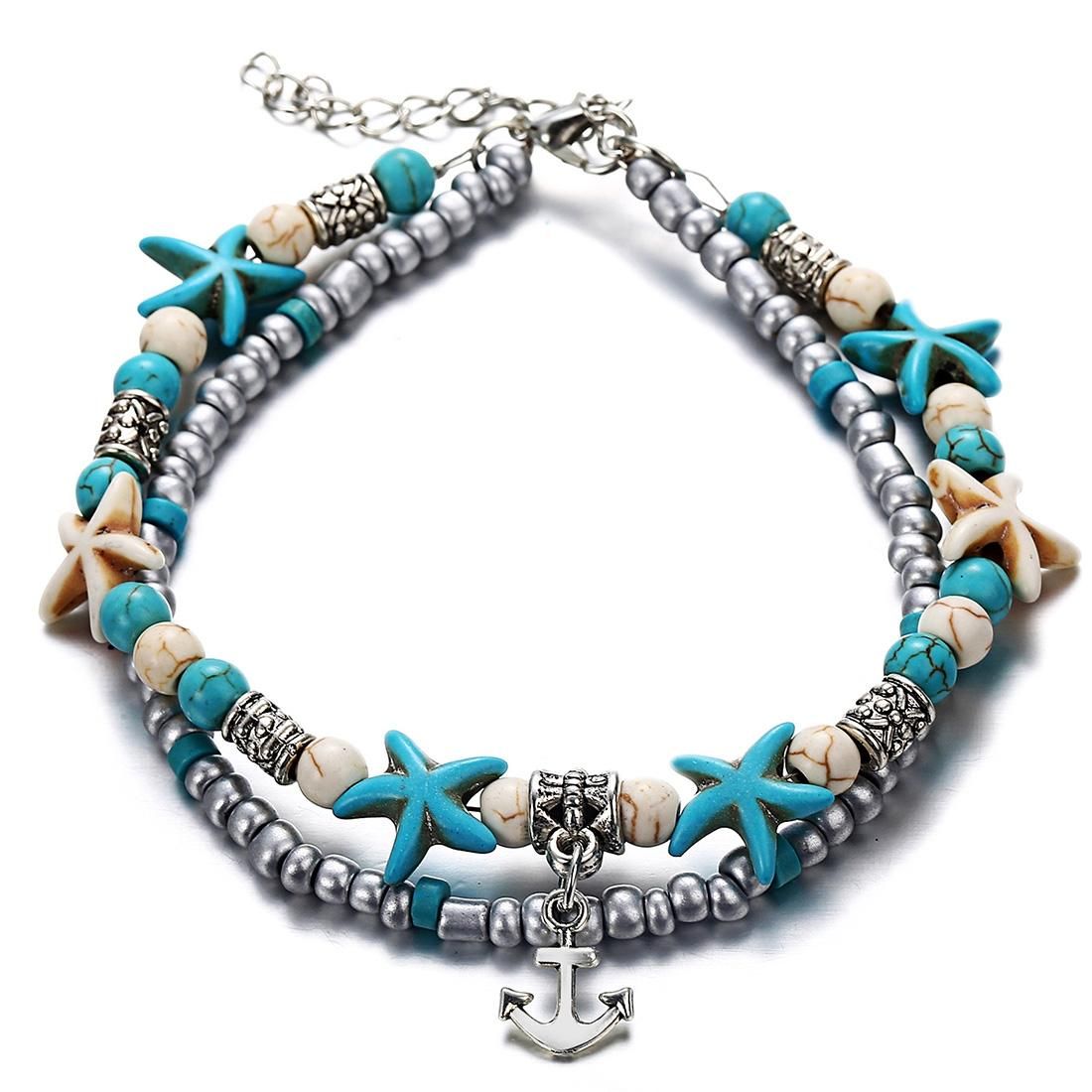 Vintage Shell Starfish Sea Beads Turquoise Beads Anklets Dual-Layer Anklet  Bracelets (Anchor)