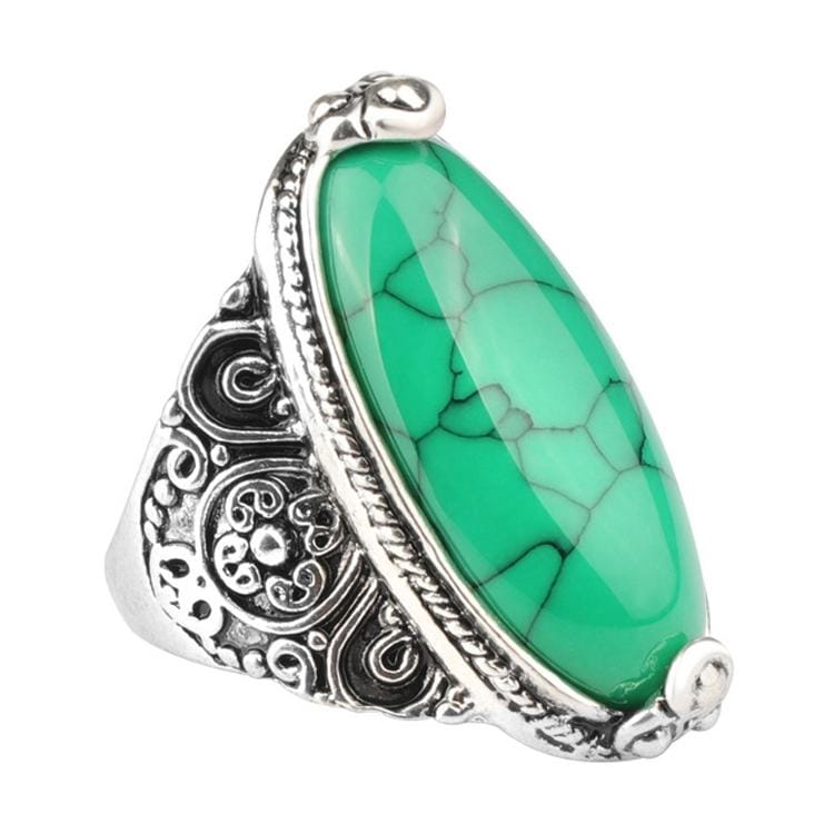 Fashion Vintage Oval Turquoise Flower Ring Women Antique Silver Jewelry, Ring Size:8 (Blue)
