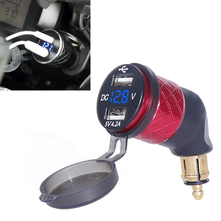 German EU Plug Special Motorcycle Elbow Charger Dual USB Voltmeter 4.2A Charger, Shell Color:Red (Blue Light)