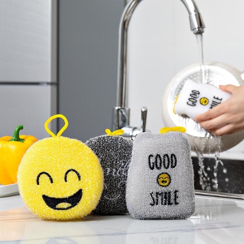 4 PCS/Set Cartoon Smiley Dishwashing Sponge Wipe Kitchen Double-sided Scouring Pad, Style:Acupuncture Rub