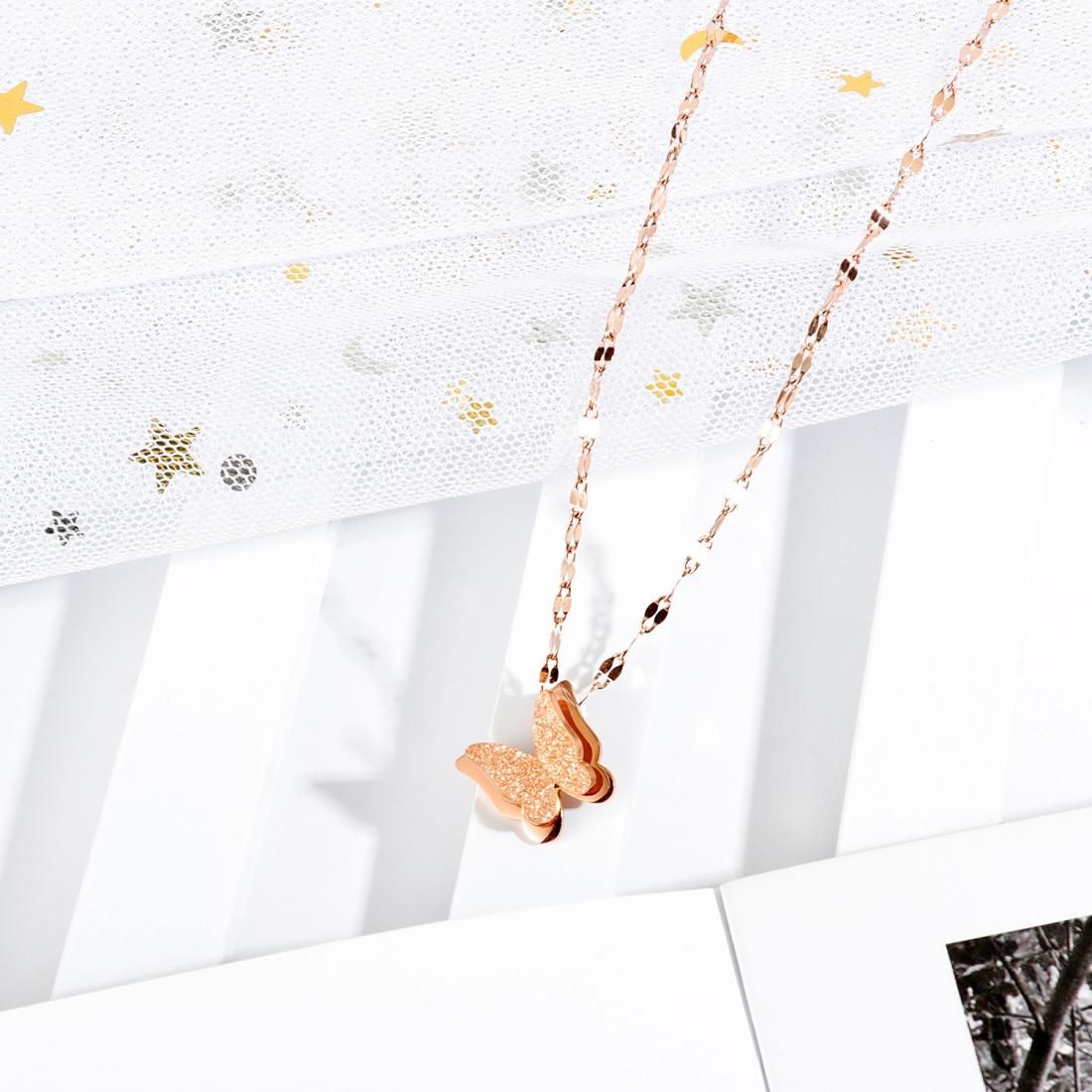 OPK 1665 Double Layer Frosted Butterfly Pendant Clavicle Chain