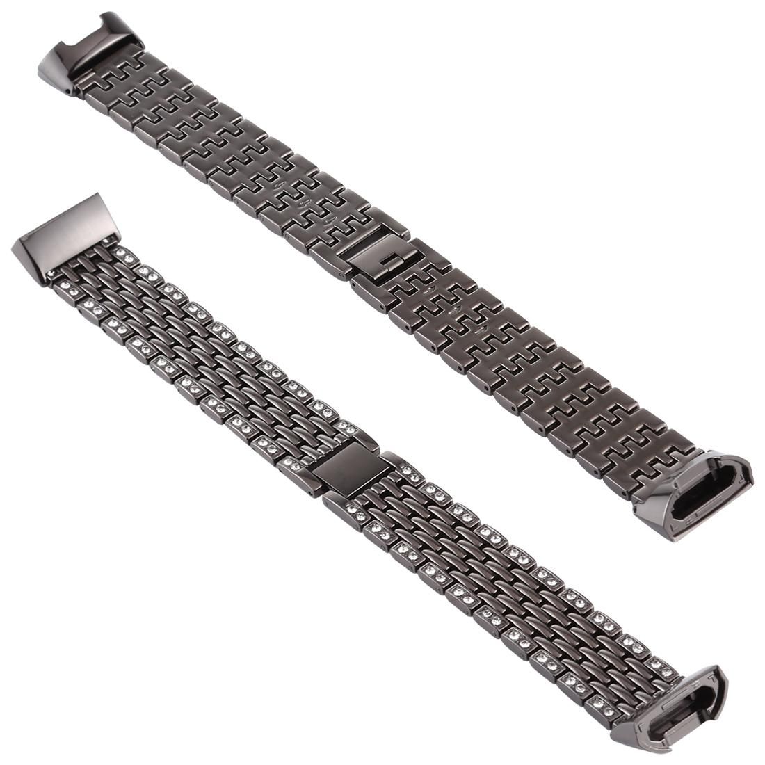 For Fitbit Charge 3 Diamond-studded Stainless Steel Replacement Wrist Strap Watchband (Black)