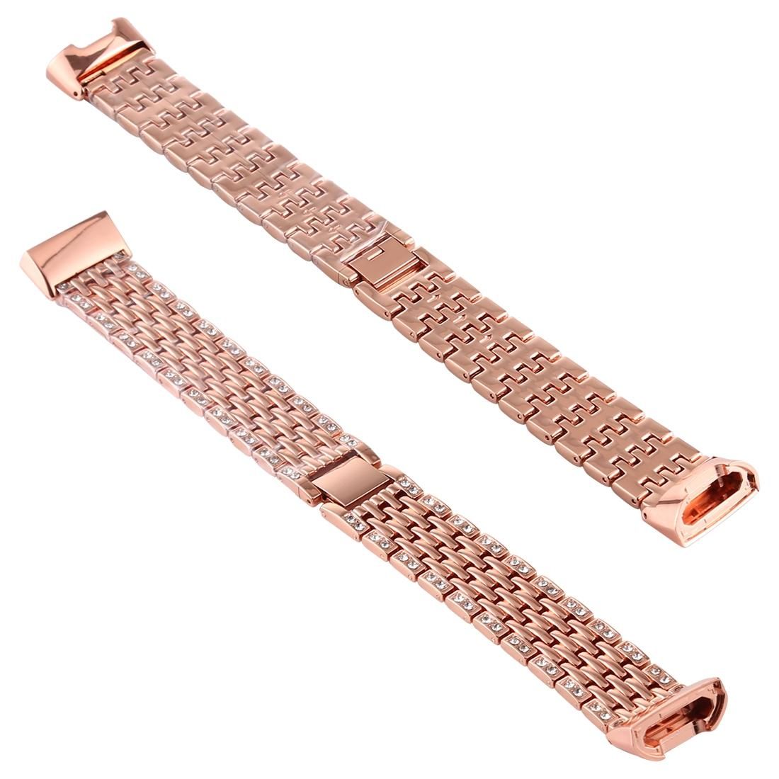 For Fitbit Charge 3 Diamond-studded Stainless Steel Replacement Wrist Strap Watchband (Rose Gold)