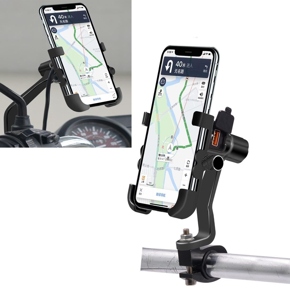 Motorcycle Waterproof QC 3.0 USB Port Fast Charger Adapter Aluminum Alloy Rearview Mirror Holder with Switch (Black)