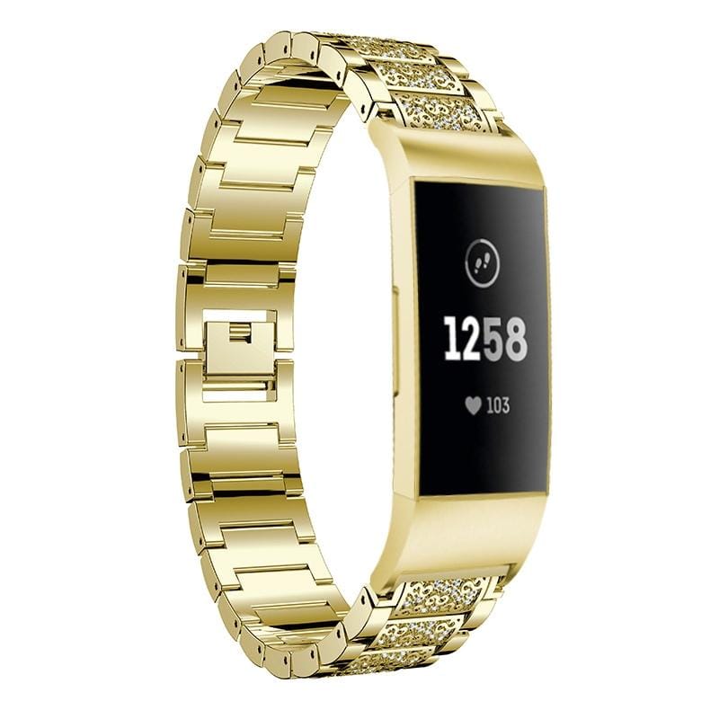 Diamond-studded Solid Stainless Steel Wrist Strap Watch Band for Fitbit Charge 3 (Gold)