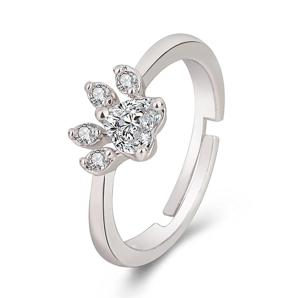 Women Crystal Cute Cat Claw Opening Adjustable Ring Jewelry (White diamond white gold)