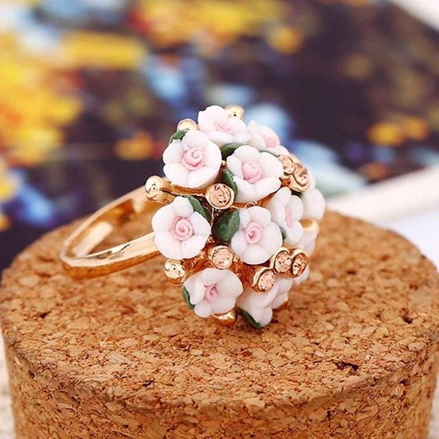 Fashion Ceramic Flower Ring for Women Adjustable Wedding Rings Jewelry (White)