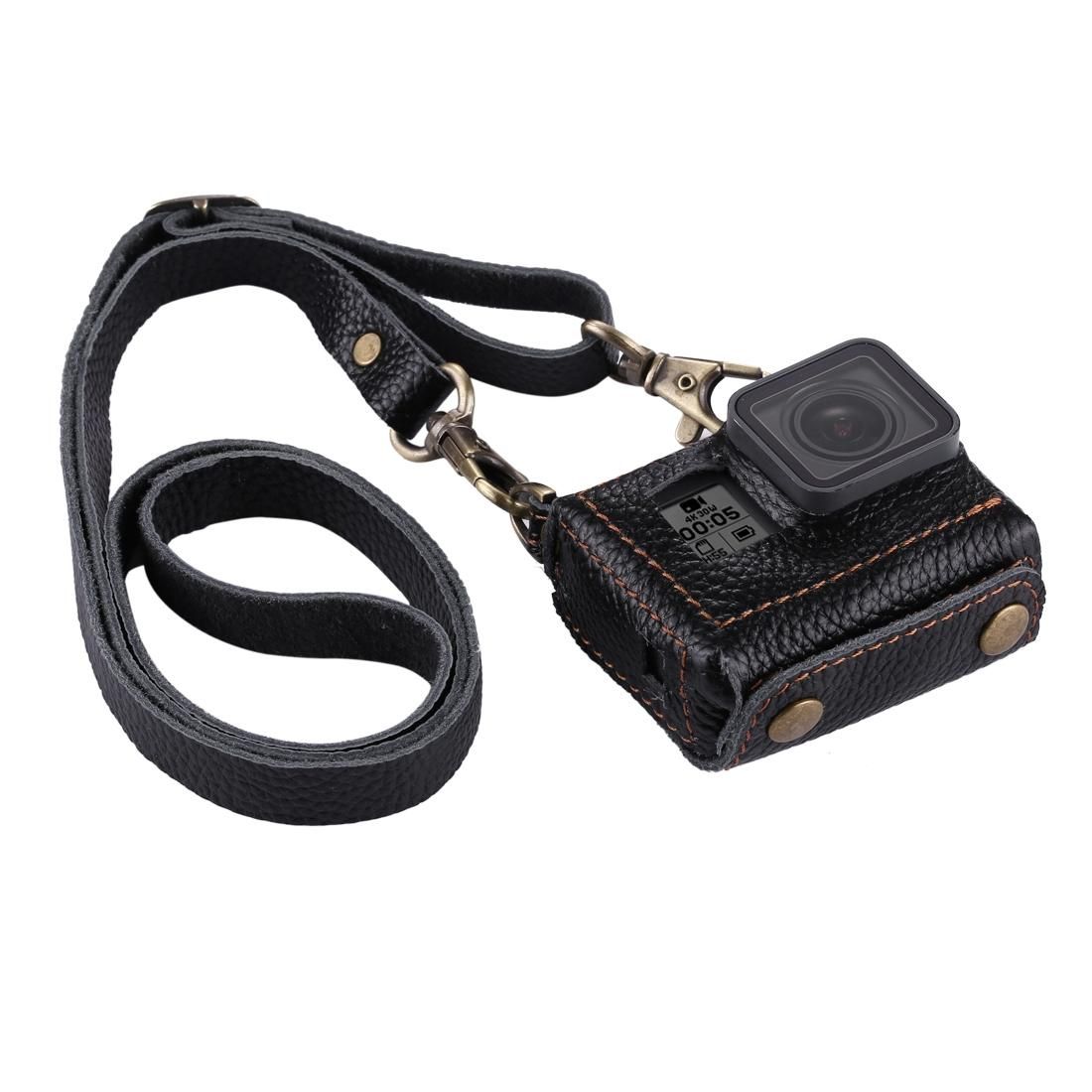 PULUZ for GoPro HERO6 /5 Litchi Texture Genuine Leather Housing Case with Set Key Hole & Neck Strap & 52mm UV Lens (Black)