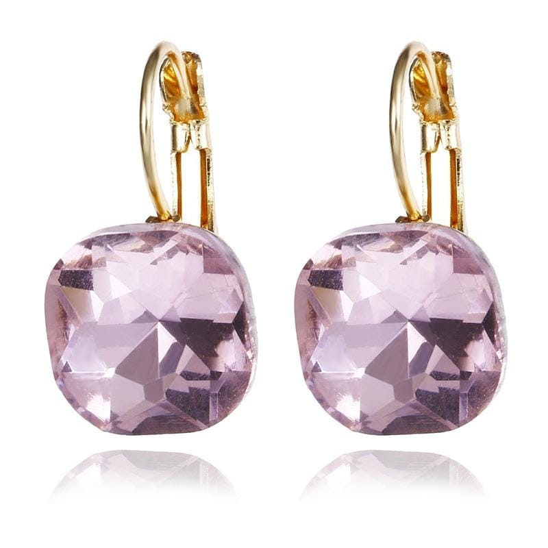 Women Fashion Color Square Stud Earrings Crystal Rhinestone Earring (Pink)