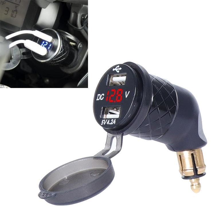 German EU Plug Special Motorcycle Elbow Charger Dual USB Voltmeter 4.2A Charger, Shell Color:Black (Red Light)