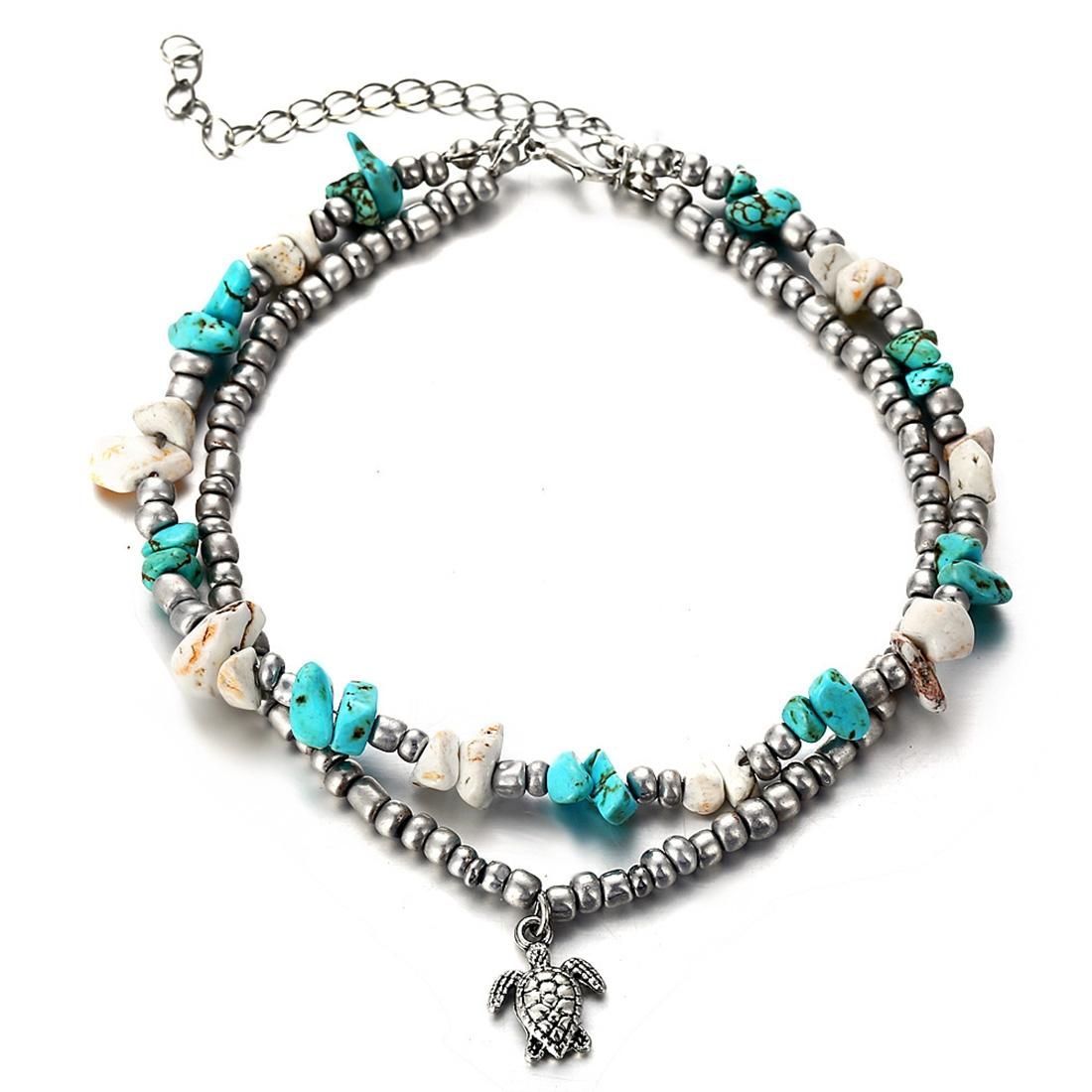 Vintage Shell Starfish Sea Beads Turquoise Beads Anklets Dual-Layer Anklet  Bracelets (Geometry and Turtle)