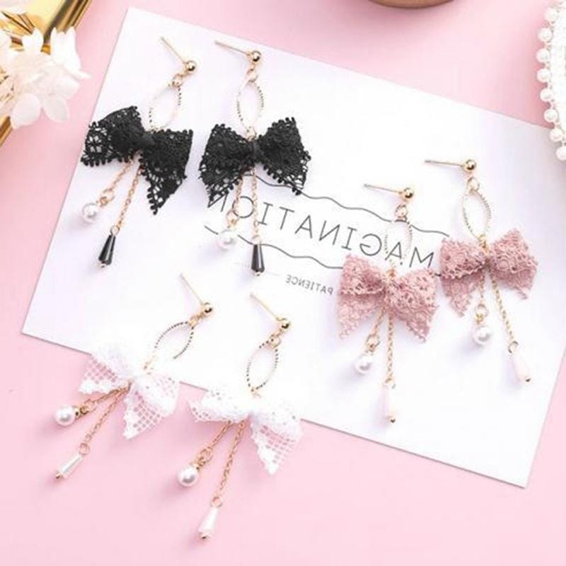 Cute Lace Bow-knot Tassel Pearl Earrings Jewelry (White)