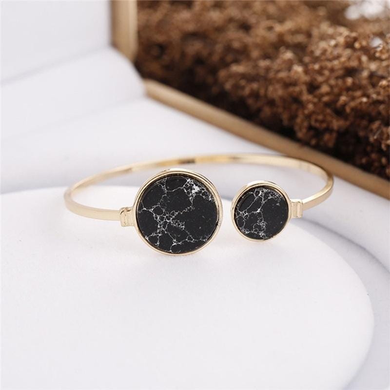 Faux Marble Stone Round Geometric Bangle Gold Circle Cuff Bangle Bracelet (Black)