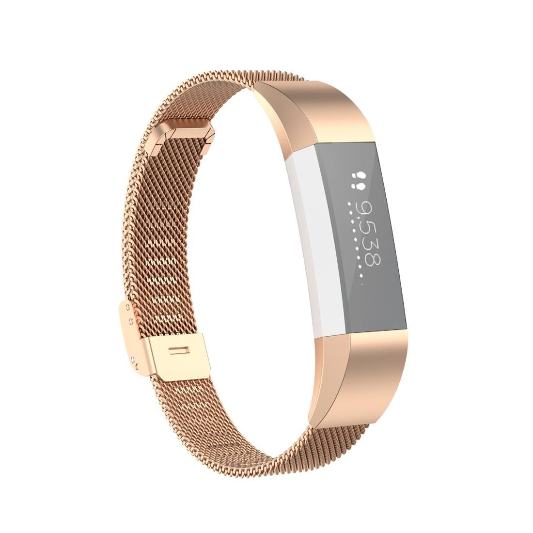 For Fitbit Alta / Alta HR / ACE Watch Button Mesh Metal Replacement Strap Watchband, Size:L (Rose Gold)
