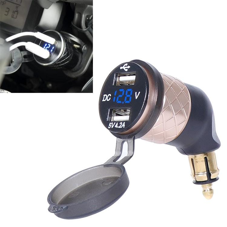 German EU Plug Special Motorcycle Elbow Charger Dual USB Voltmeter 4.2A Charger, Shell Color:Gold (Blue Light)