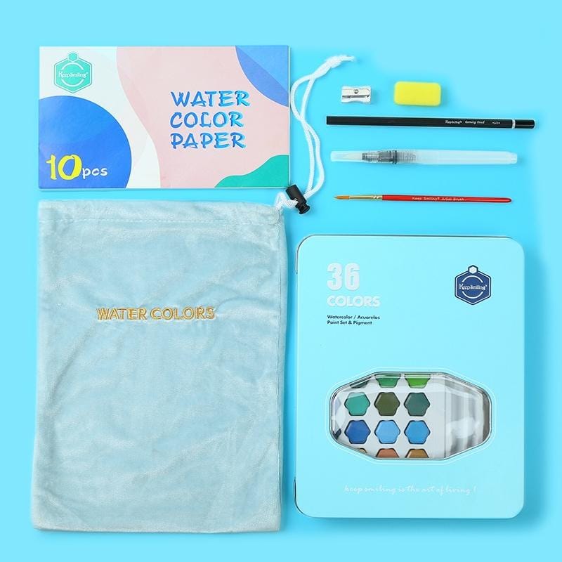 36 Color Solid Watercolor Paint Portable Tin Box Beginner Hand-painted Painting Tool Set / Single Box (Blue)
