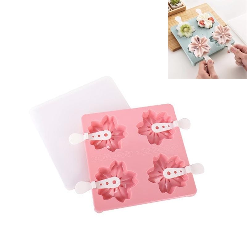 Household 4 Grid Ice Maker Popsicle Ice Cream Mold with Stick & Lid, Style:Cherry Blossoms (Pink)