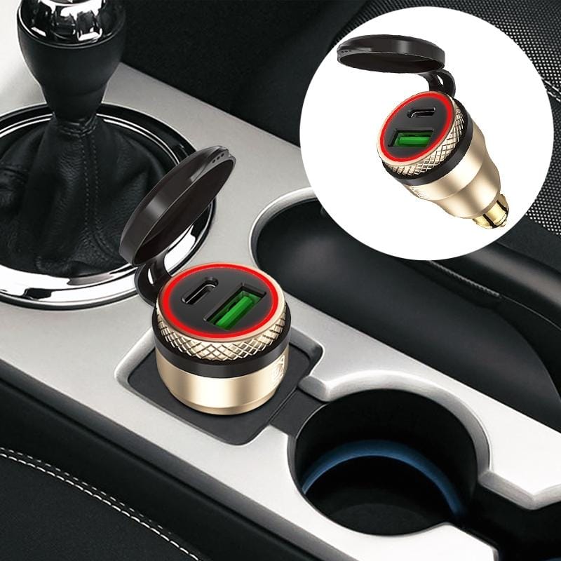 Motorcycle European-style Small-caliber Aluminum Alloy QC 3.0 + PD Fast Charge USB Charger, Shell Color:Gold (Red Light)