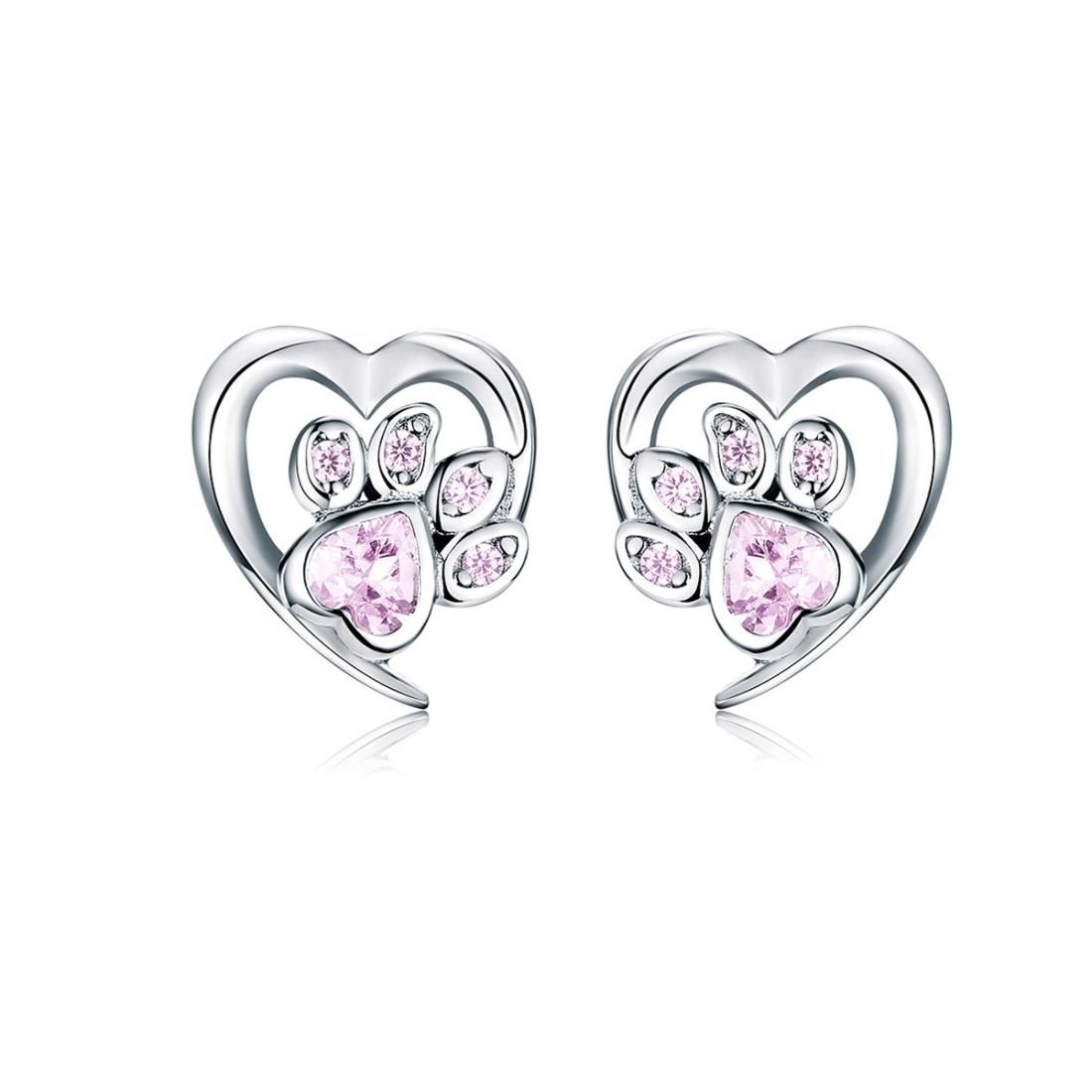 Pet Paw Print Earrings Platinum-plated Love Heart-shaped Girls Earrings, Color:Pink