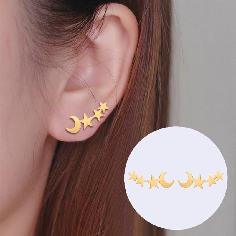 Simple Moon Star Stud Earrings for Women Birthday Gift Jewelry (Gold)